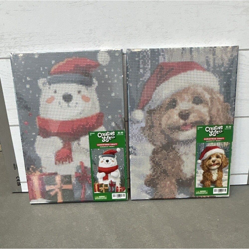 2 Hobby Lobby Christmas Diamond Painting Canvas-Puppy in Santa Hat & Polar Bear